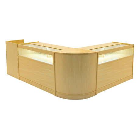 Set banconi negozio Luna LED in legno d'acero chiaro, design elegante con illuminazione integrata, forma a L e finitura liscia
