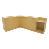 Set banconi negozio Phoenix in legno d'acero chiaro con illuminazione LED, design angolare, ante scorrevoli e ripiani aperti