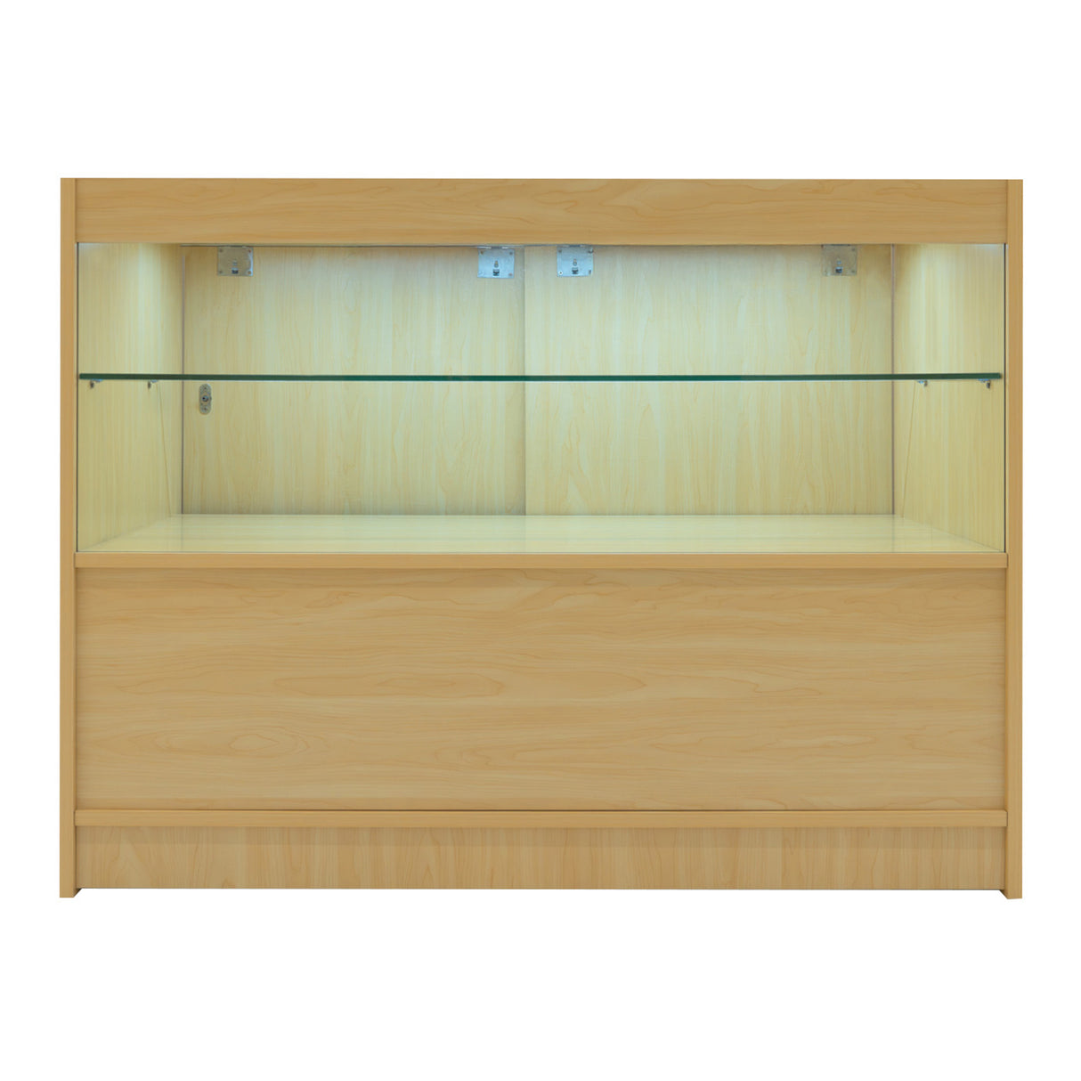 Bancone negozio in legno d'acero chiaro con illuminazione LED, due ripiani in vetro e design moderno, ideale per esposizione prodotti