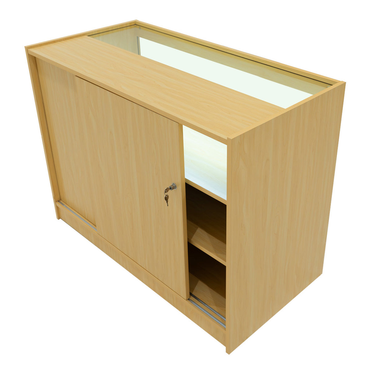 Set banconi in legno d'acero chiaro, con ante scorrevoli, superficie liscia e ripiani interni, ideale per esposizione e stoccaggio