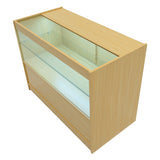 Bancone espositivo Gravity in legno d'acero chiaro, con ripiani in vetro trasparente e design elegante, ideale per negozi e mostre