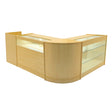 Set banconi negozio Polaris in legno d'acero chiaro, con illuminazione LED e ripiani in vetro, design moderno e curvo