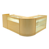 Set banconi negozio Polaris in legno d'acero chiaro, con illuminazione LED e ripiani in vetro, design moderno e curvo