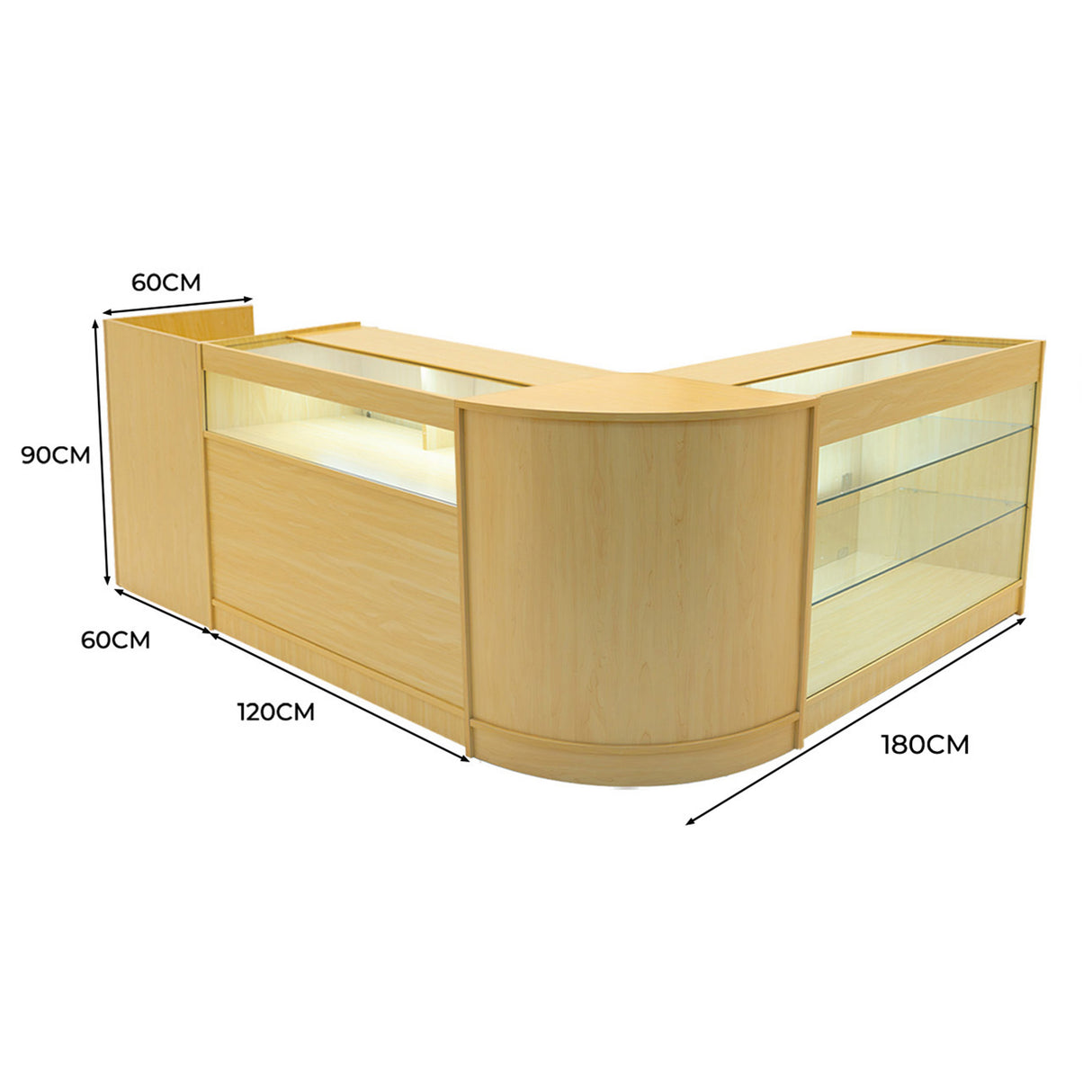 Bancone negozio angolare in legno d'acero con finitura chiara, vetri trasparenti e misure di 180x120x90 cm, ideale per esposizione