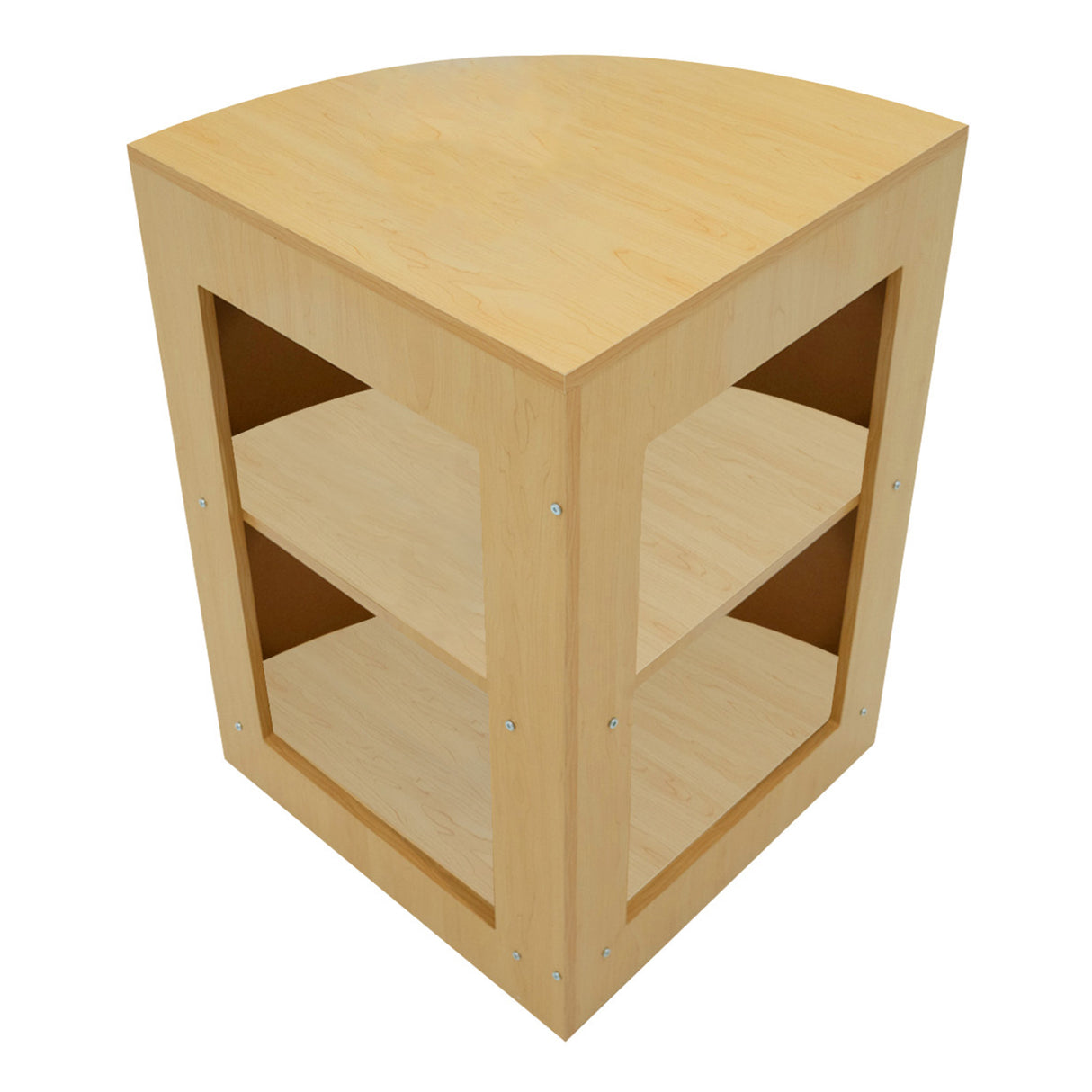 Bancone negozio angolare in legno d'acero, con finitura liscia, due ripiani aperti e design moderno per esposizione prodotti