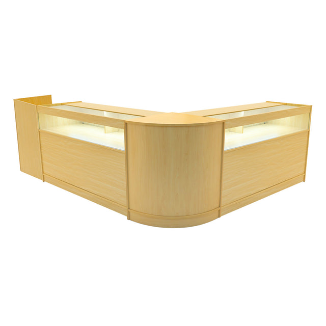 Set banconi negozio Luna LED in legno d'acero, design curvo, con ripiani luminosi e finitura liscia, ideale per esposizione prodotti