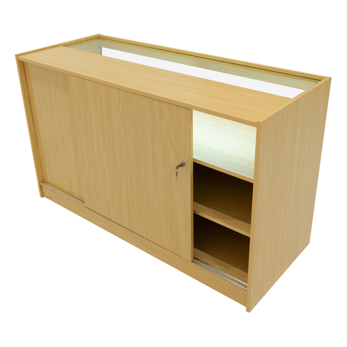 Bancone negozio in legno d'acero chiaro con illuminazione LED, ante scorrevoli e ripiani interni per esposizione prodotti