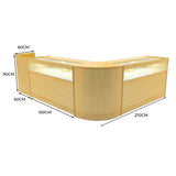Set banconi negozio Luna LED in legno d'acero, design angolare con illuminazione interna, misure 210x150x90 cm, finitura liscia e moderna