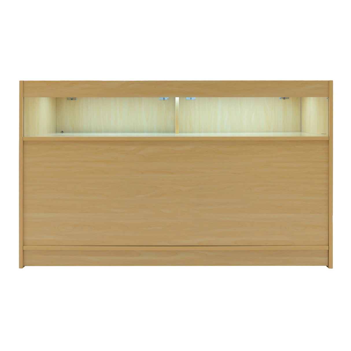 Bancone negozio in legno d'acero chiaro con illuminazione LED, design moderno e superficie liscia, ideale per esposizione prodotti