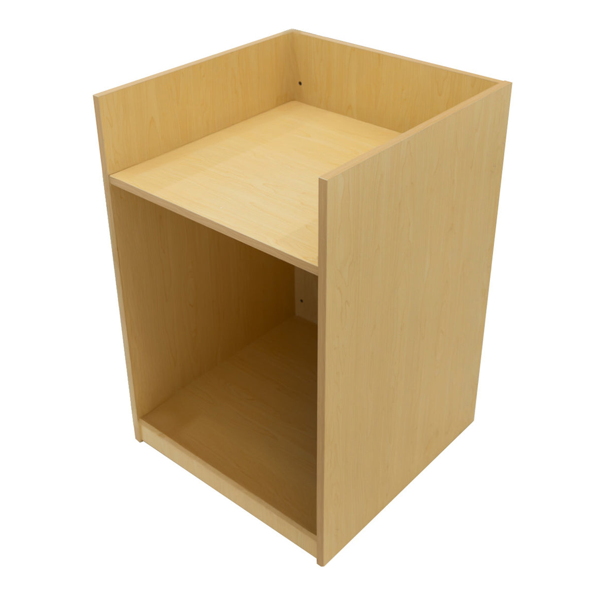 Bancone negozio in legno d'acero chiaro, design semplice con ripiano superiore e spazio aperto inferiore, ideale per esposizione prodotti