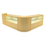 Set banconi negozio Phoenix in legno d'acero chiaro, con illuminazione LED e vetrine trasparenti, design elegante e moderno