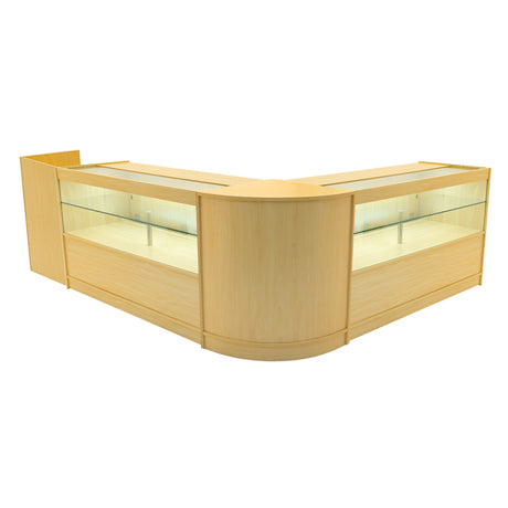 Set banconi negozio Phoenix in legno d'acero chiaro, con illuminazione LED e vetrine trasparenti, design elegante e moderno