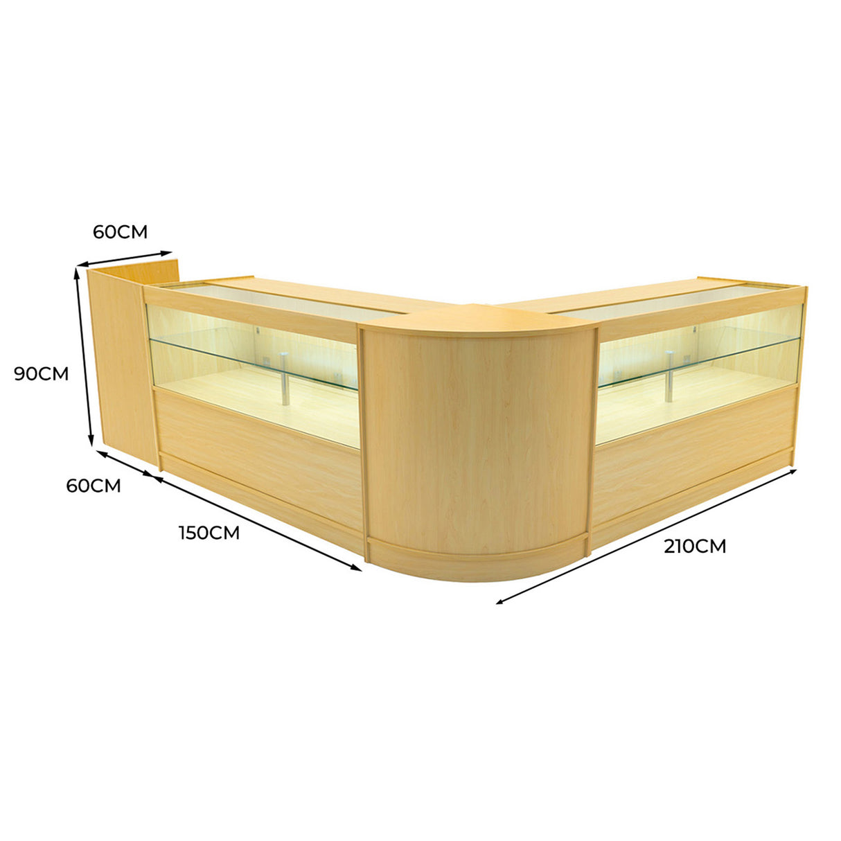 Set banconi negozio Phoenix in legno d'acero chiaro con illuminazione LED, dimensioni 210x150x90 cm, design elegante e moderno