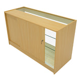 Set banconi negozio Polaris in legno d'acero chiaro, con ante scorrevoli e ripiani in vetro, design moderno e funzionale