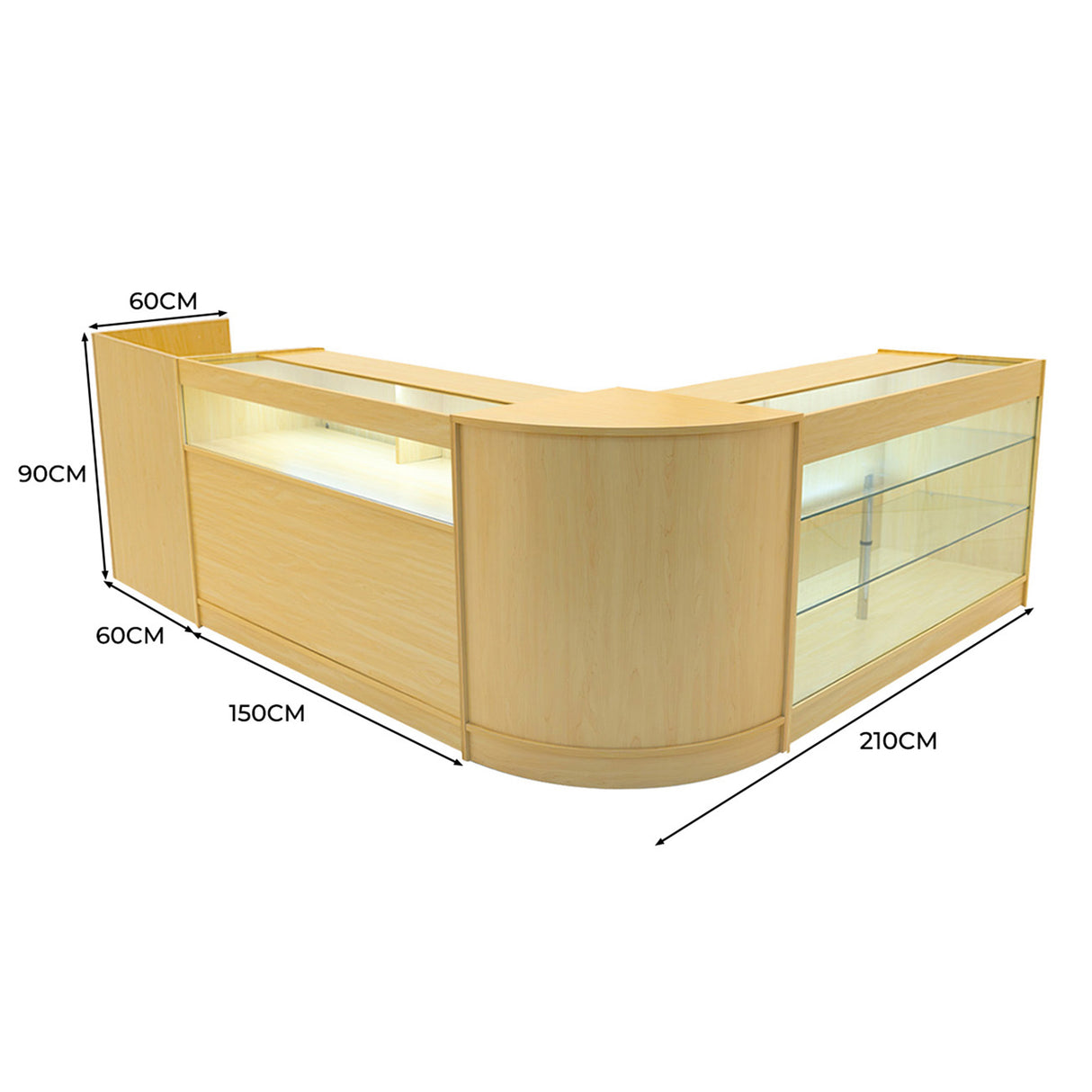 Set banconi negozio Polaris in legno d'acero chiaro, con illuminazione LED, design curvo e ripiani in vetro trasparente, misure 210x150x90 cm