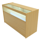 Bancone negozio in legno d'acero chiaro con illuminazione LED, superficie liscia e design moderno, ideale per esposizione prodotti