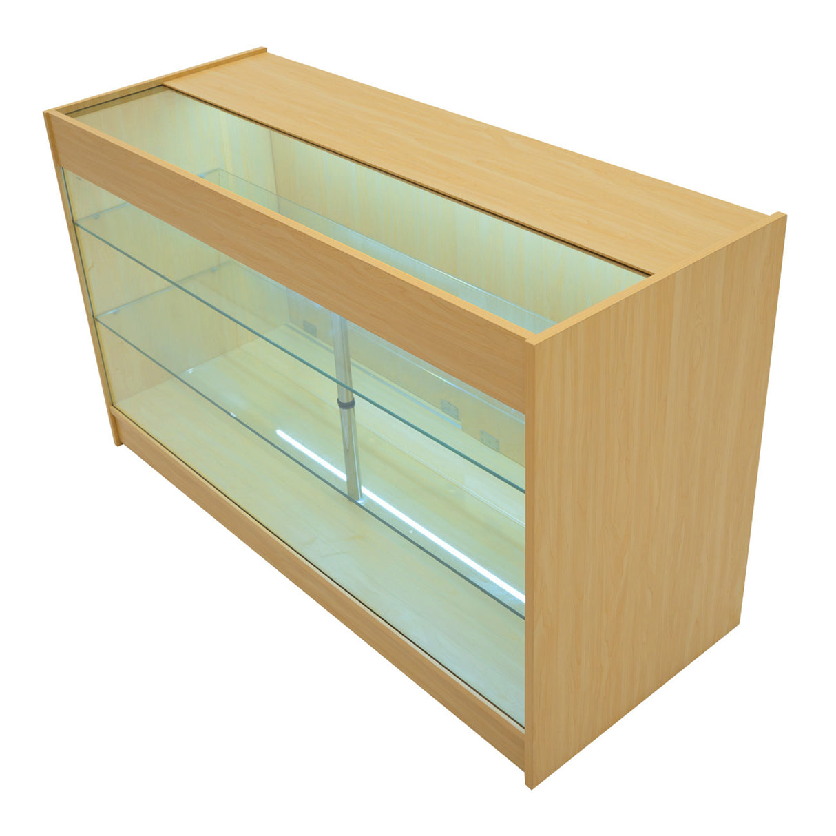 Set banconi negozio Polaris LED in legno d'acero, con ripiani in vetro trasparente e illuminazione interna, design moderno e funzionale
