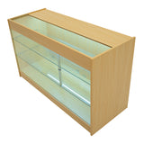 Set banconi negozio Polaris LED in legno d'acero, con ripiani in vetro trasparente e illuminazione interna, design moderno e funzionale