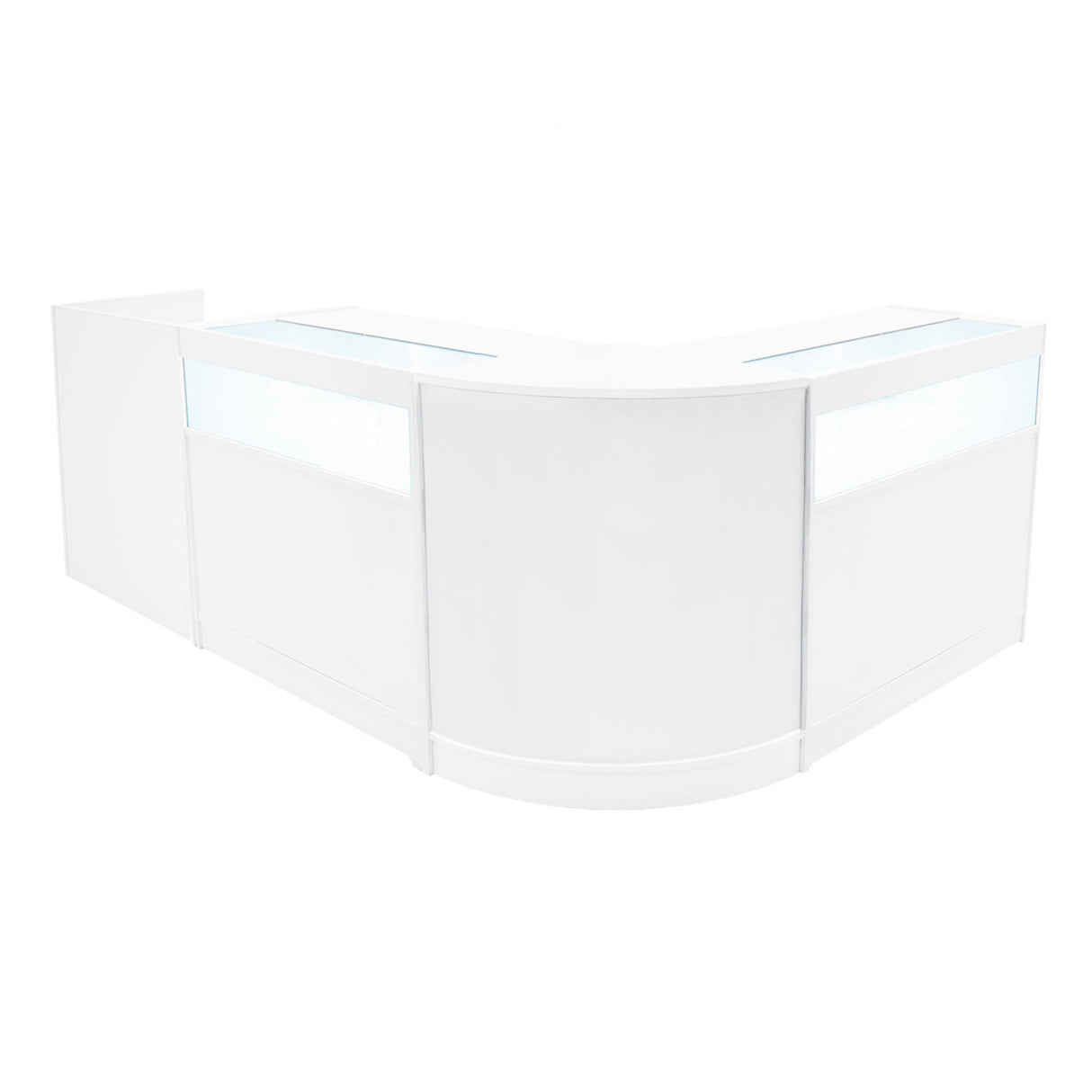 Bancone negozio angolare bianco con illuminazione LED, design moderno e superfici lisce, ideale per esposizione e accoglienza clienti