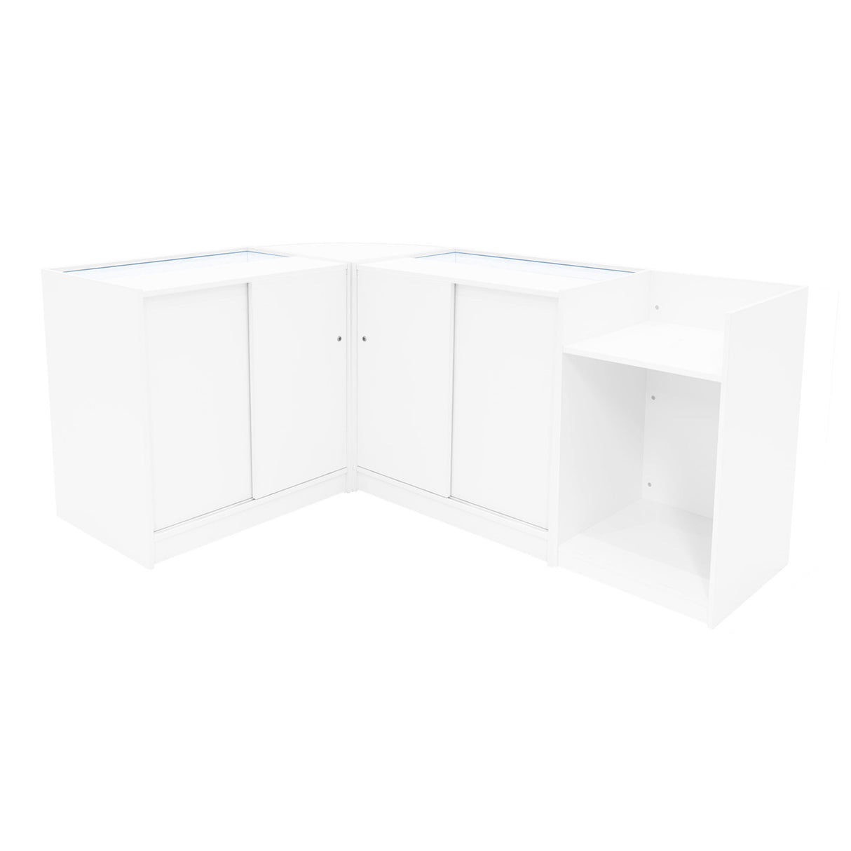 Set banconi negozio Luna LED bianco, angolare, con finitura liscia, ante scorrevoli e ripiani, ideale per esposizione prodotti
