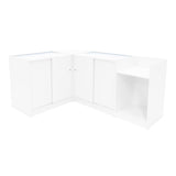 Set banconi negozio Luna LED bianco, angolare, con finitura liscia, ante scorrevoli e ripiani, ideale per esposizione prodotti