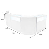 Set banconi negozio Luna LED bianco, design angolare, dimensioni 150x90x90 cm, superficie liscia e moderna con illuminazione LED integrata