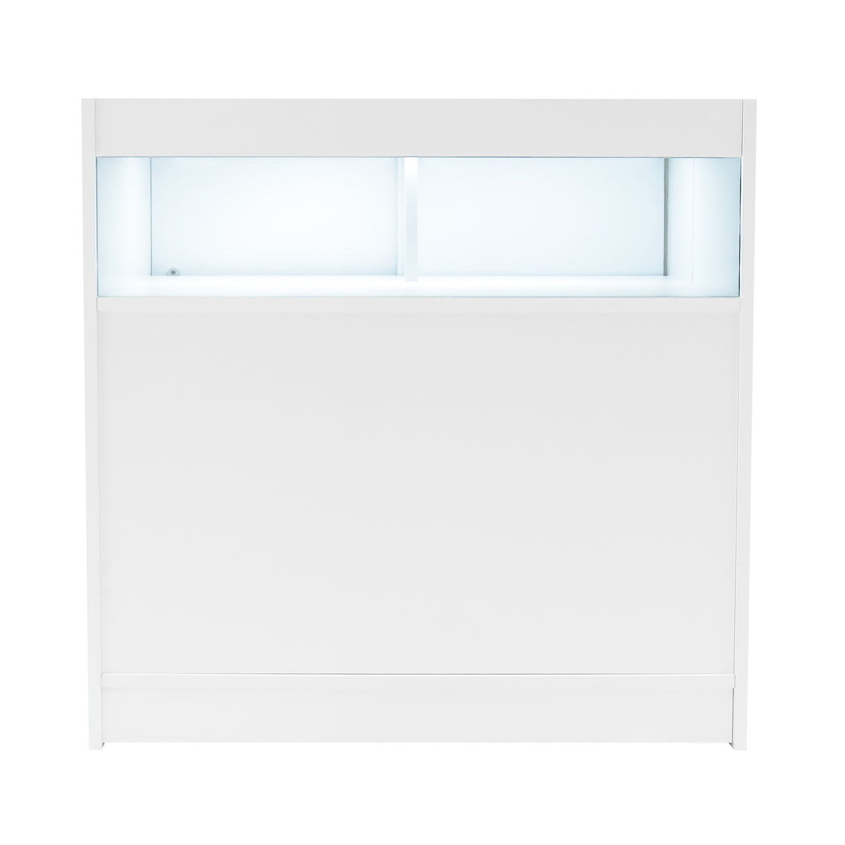 Bancone negozio bianco con illuminazione LED blu, design moderno e linee pulite, ideale per esposizione e vendita prodotti