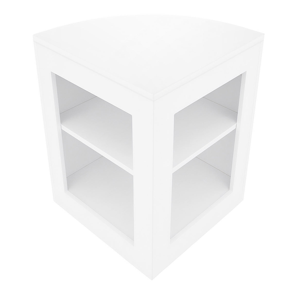 Set banconi negozio Luna LED bianco, design angolare, struttura in MDF, finitura liscia, due ripiani interni per esposizione prodotti