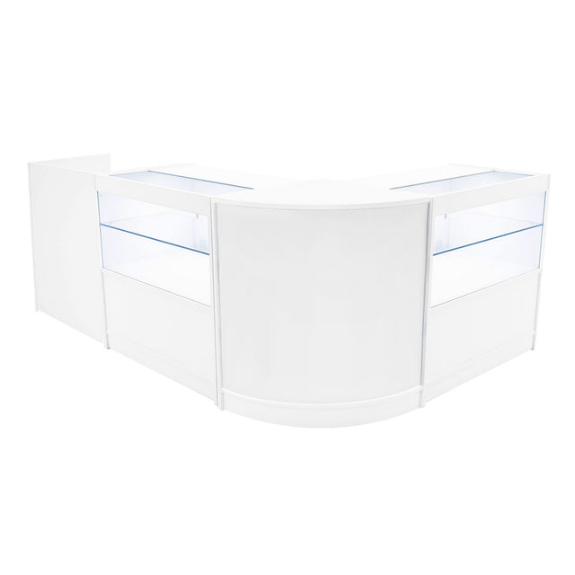 Set banconi negozio Phoenix LED bianco, design elegante e moderno, con superfici lisce e trasparenti, illuminazione integrata per esposizione ottimale