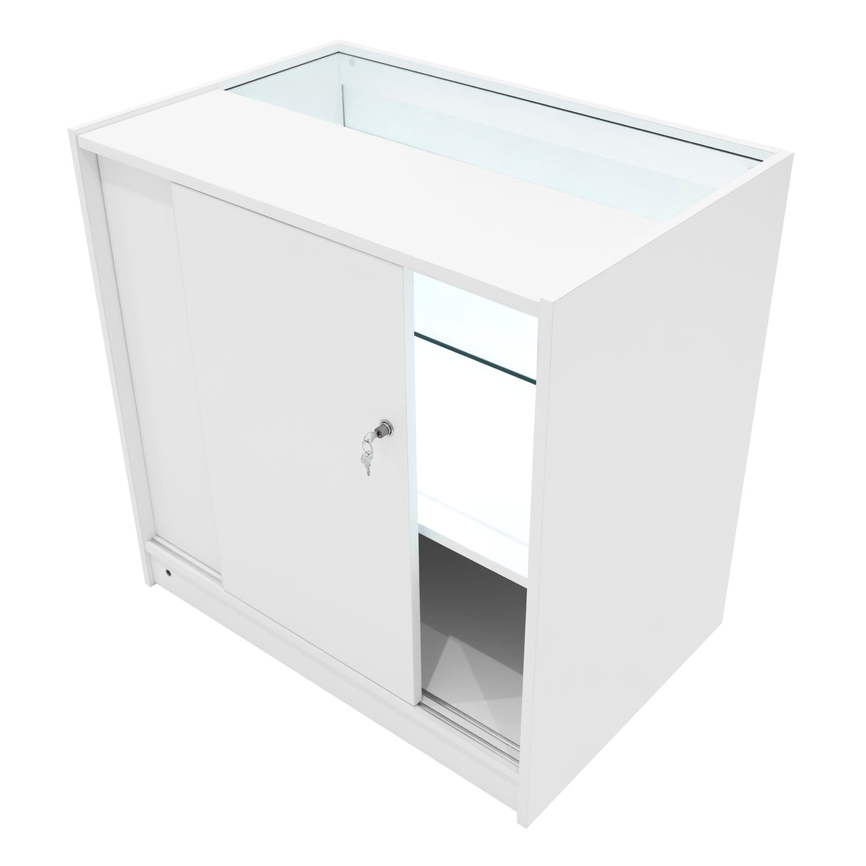 Bancone negozio bianco con illuminazione LED, struttura elegante, ante scorrevoli e ripiani in vetro per esposizione prodotti