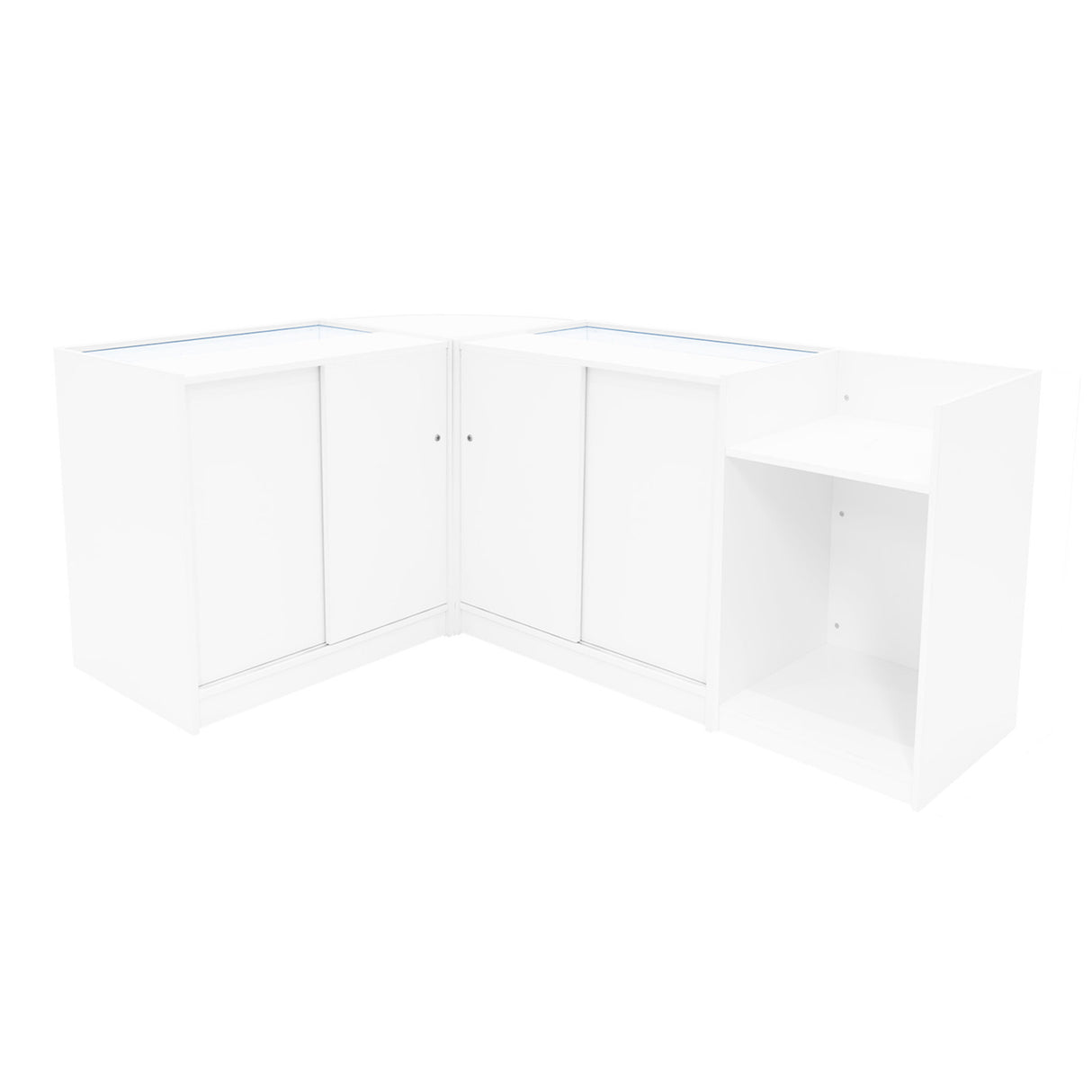 Set banconi negozio Phoenix LED bianco, angolare, con ante chiuse e ripiani, design moderno e finitura lucida, ideale per esposizione prodotti