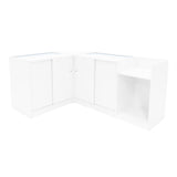 Set banconi negozio Phoenix LED bianco, angolare, con ante chiuse e ripiani, design moderno e finitura lucida, ideale per esposizione prodotti