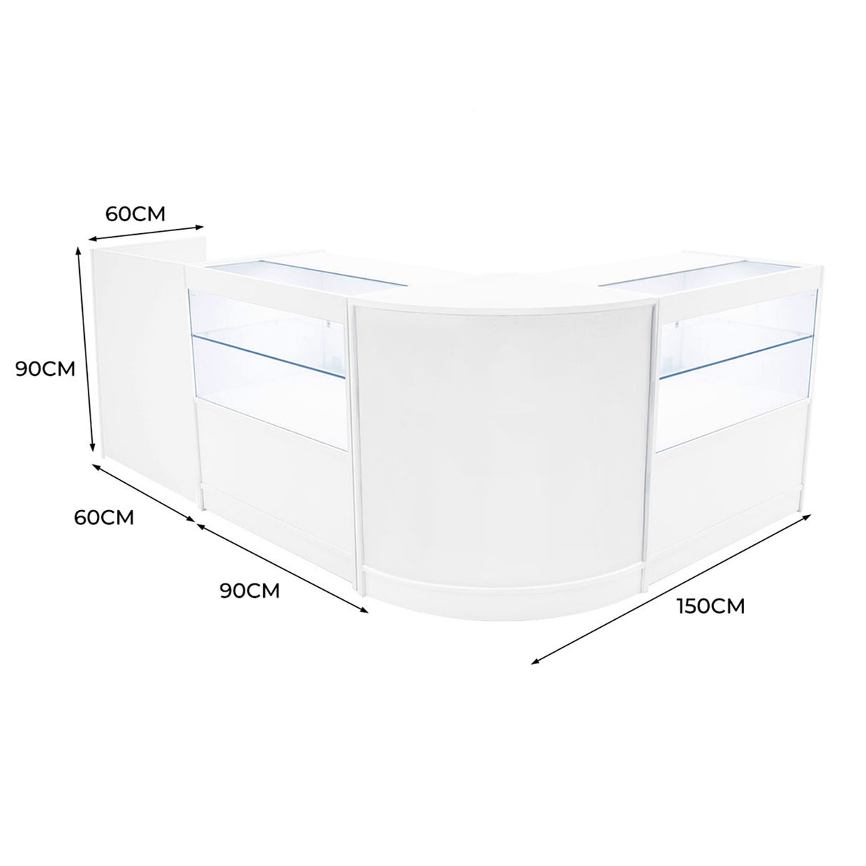 Set banconi negozio Phoenix LED bianco, design elegante e moderno, con vetri trasparenti e illuminazione LED, misure 150x90x90 cm