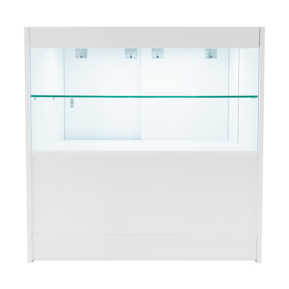 Bancone negozio Phoenix LED bianco con ripiani in vetro trasparente, design moderno e finitura liscia, ideale per esposizione prodotti