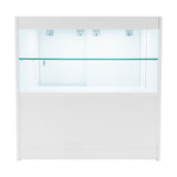 Bancone negozio Phoenix LED bianco con ripiani in vetro trasparente, design moderno e finitura liscia, ideale per esposizione prodotti