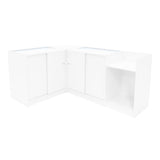 Set di banconi angolari Gravity LED B900 e C900 in bianco, con finitura liscia e ante scorrevoli, ideale per spazi moderni