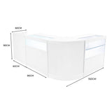 Set di banconi Gravity LED in bianco, design elegante con angoli arrotondati, dimensioni 150x90x60 cm, superficie liscia e trasparente