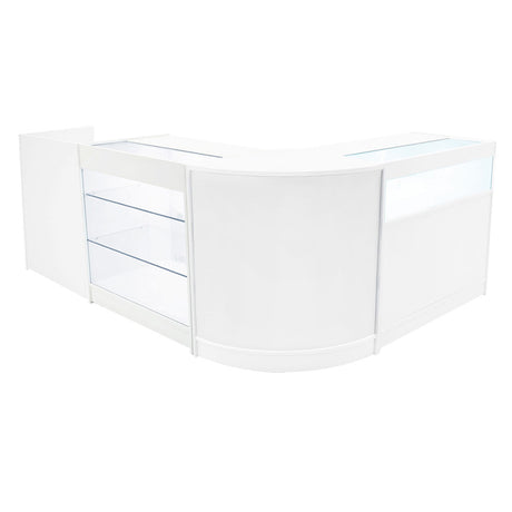 Bancone negozio angolare bianco con ripiani in vetro, design moderno e luminoso, ideale per esposizione prodotti e arredamento commerciale
