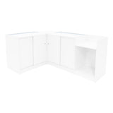 Set banconi negozio angolare in bianco, con finitura liscia, ante scorrevoli e ripiani, ideale per esposizione e vendita di prodotti
