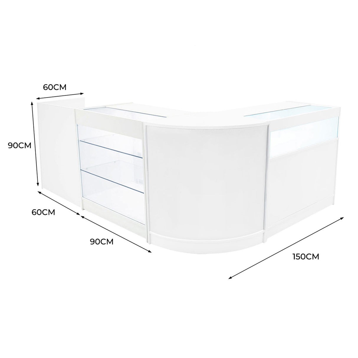 Bancone negozio angolare bianco con ripiani in vetro, dimensioni 150x90x90 cm, design moderno e luminoso, perfetto per esposizione prodotti