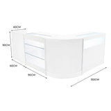 Bancone negozio angolare bianco con ripiani in vetro, dimensioni 150x90x90 cm, design moderno e luminoso, perfetto per esposizione prodotti