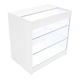 Set banconi negozio Polaris in bianco, con struttura in legno e ripiani in vetro trasparente, design moderno e luminoso