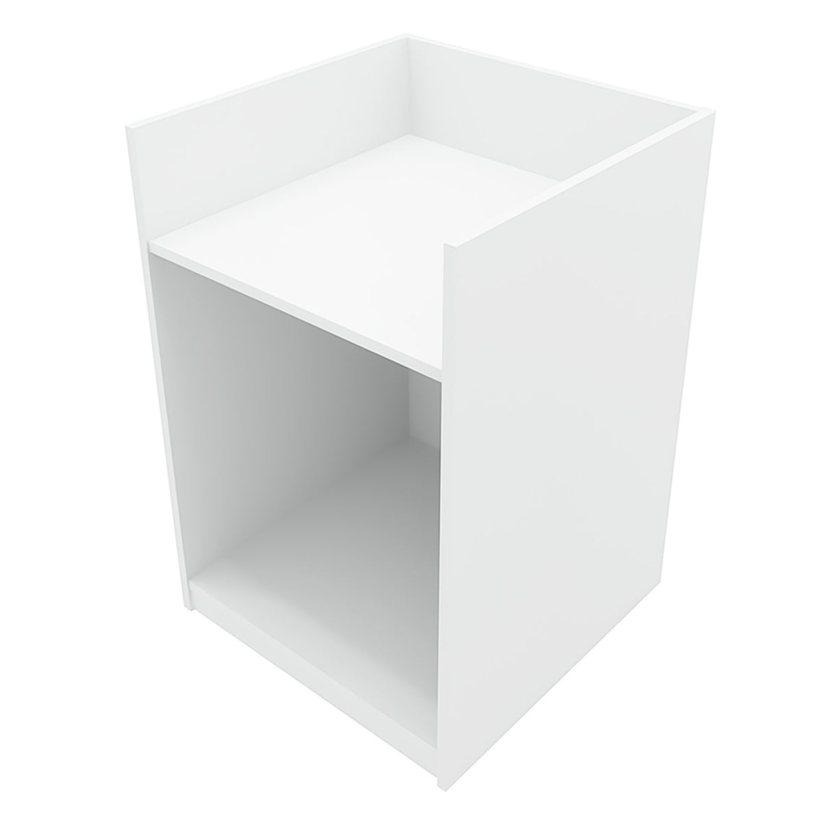 Set banconi negozio in bianco, design moderno e minimalista, con superficie liscia e spazi aperti per esposizione prodotti