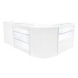 Set banconi Vega LED in bianco, design elegante con superfici lisce, ripiani in vetro trasparente e angolo curvo per esposizione ottimale