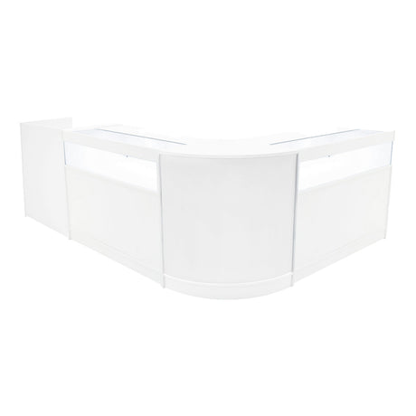 Set di banconi negozio Luna LED bianco, design curvo, superficie liscia e lucida, ideale per esposizione e accoglienza clienti