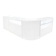 Set di banconi angolari Gravity LED in bianco, con superfici lisce e trasparenti, ideali per esposizioni eleganti e moderne