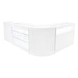 Set banconi negozio Polaris LED in bianco, design moderno con superfici lisce, ripiani trasparenti e angoli arrotondati per esposizione elegante