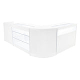 Set banconi negozio Polaris LED in bianco, design moderno con superfici lisce, ripiani trasparenti e angoli arrotondati per esposizione elegante