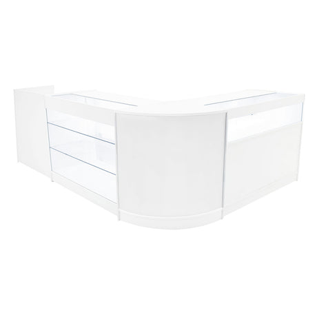 Set banconi negozio Polaris LED in bianco, design moderno con superfici lisce, ripiani trasparenti e angoli arrotondati per esposizione elegante