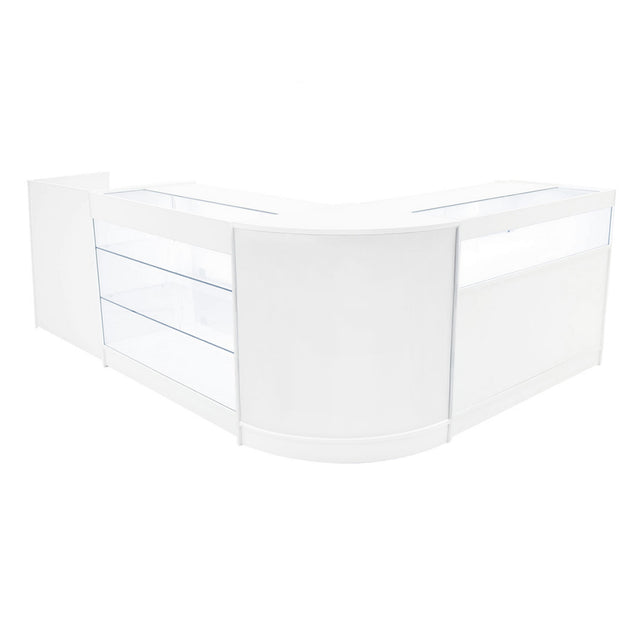 Set banconi negozio Polaris LED in bianco, design moderno con superfici lisce, ripiani trasparenti e angoli arrotondati per esposizione elegante